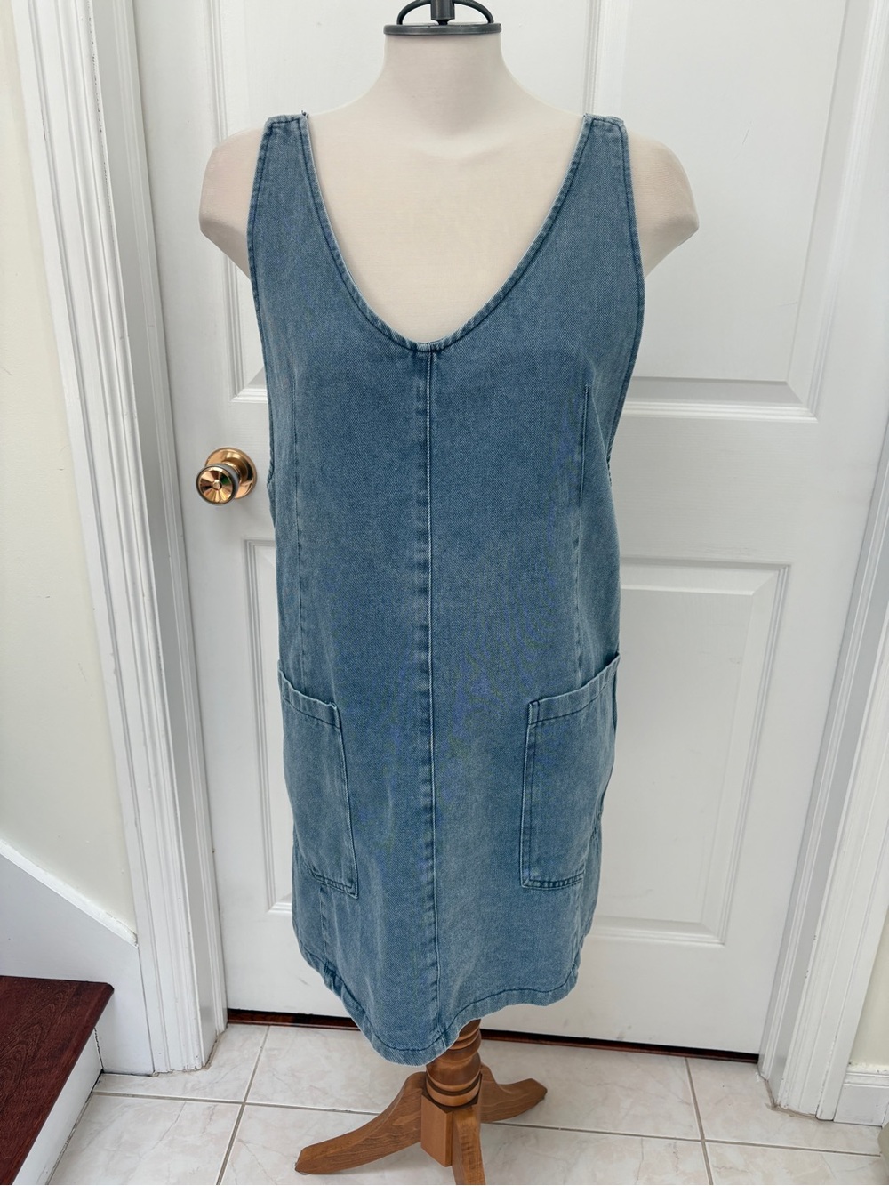 Denim Shift Pinafore Overall Dress in Washed Blue